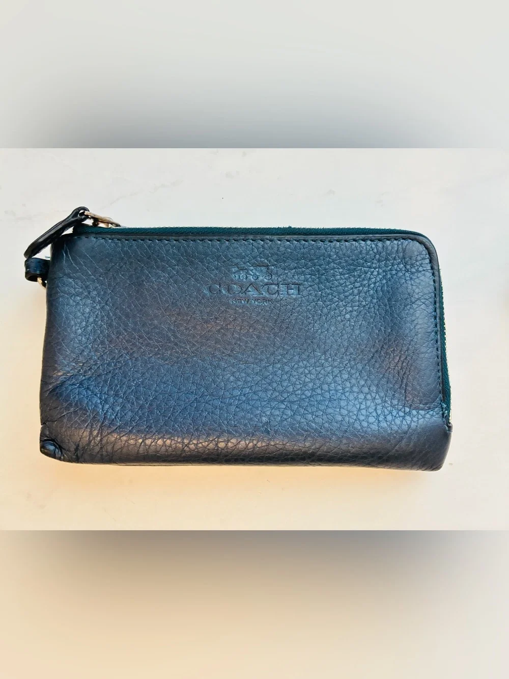 Coach Navy Pebbled Leather Zip Double corner zip wristlet